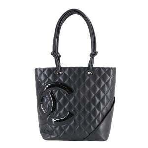 CHANEL Cambon Line Medium Tote Handbag in Black Enamel Calfskin with Silver H...